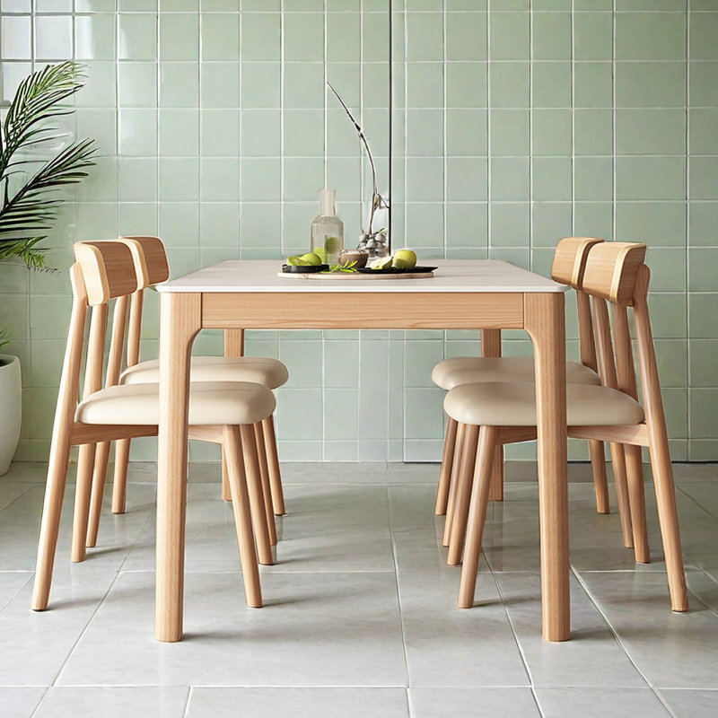 4 Person White Stone Solid Wood Rectangular Dining Table Set